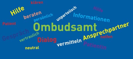 Wortwolke mit bunten Begriffen auf blauem Hintergrund: Ombudsperson, Patient, Ansprechpartner, unparteiisch, usw.