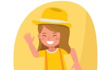 Ein Kind mit einem gelben Hut, das winkt