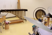 Bild zeigt den Raum der Musiktherapie im LVR-Klinikum Essen: Im Vordergrund ist ein Schlagzeig zu sehen, dahinter steht ein großer Gong, links daneben ein großes Xylophon und Trommeln.