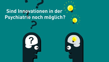 Zwei Köpfe mit Fragezeichen, die sich darüber unterhalten, ob Innovationen in der Psychiatrie noch möglich sind.
