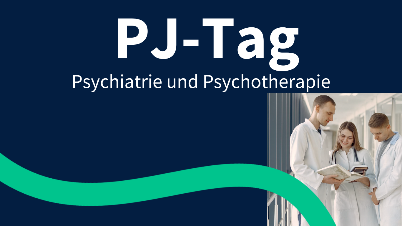 Auf dem Teaserbild sieht man rechts unten ein Foto von drei Medizinstudierenden, die in ein Buch schauen. In Schrift steht geschrieben: PJ-Tag, Psychiatrie und Psychotherapie, Erfolgreich durch das praktische Jahr und die Assistenzarztzeit