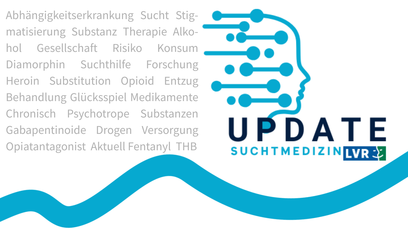 Auf diesem Bild sieht man eine Silhouette eines Kopfes, darunter steht Update Suchtmedizin. Links sind viele Wörter aus dem Bereich Sucht aufgeschrieben. 